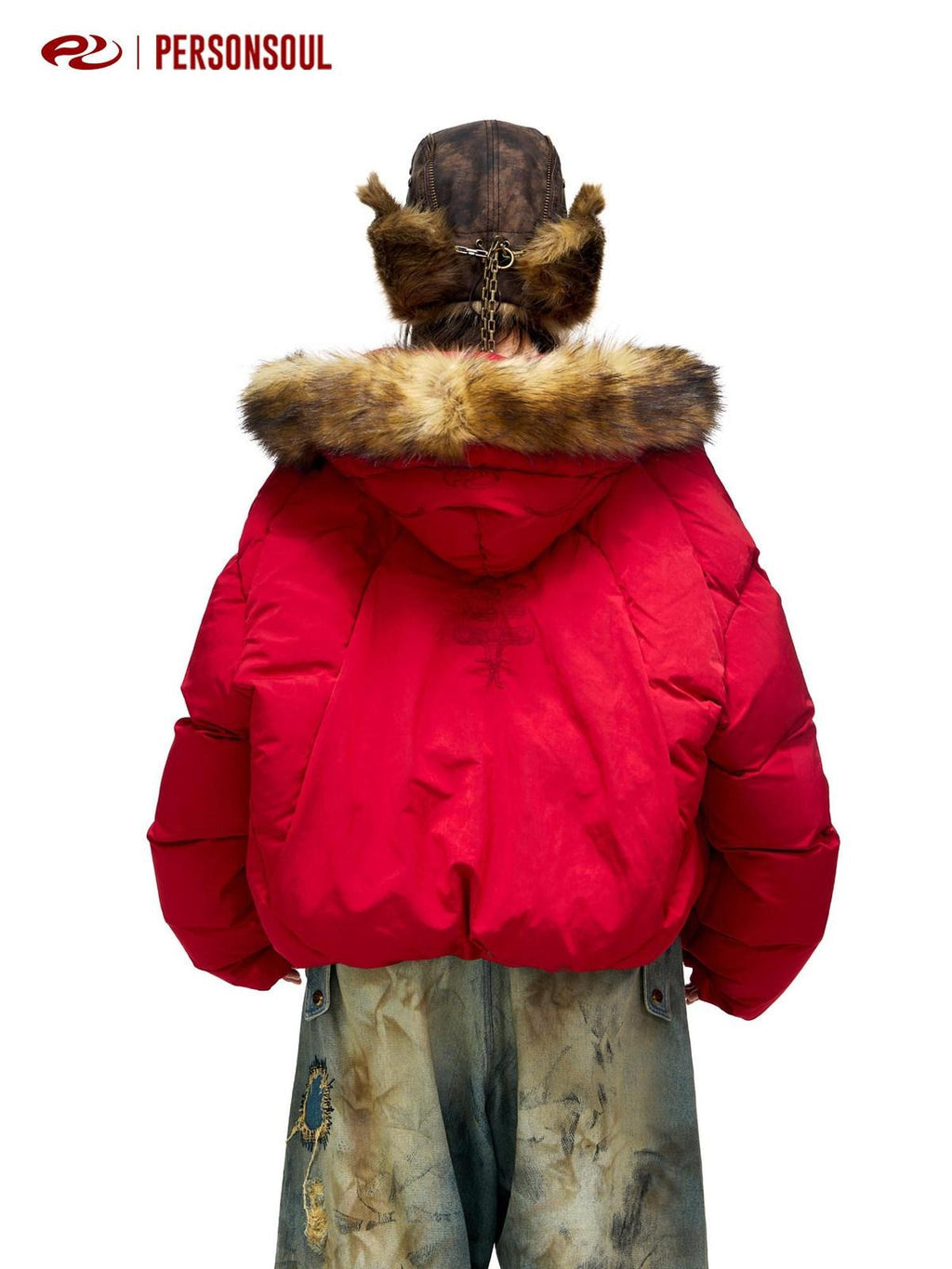 PERSONSOUL Red Totem Embroidery Fur Collar Hooded Women's White Duck Down Down Jackets