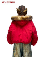 PERSONSOUL Red Totem Embroidery Fur Collar Hooded Women's White Duck Down Down Jackets