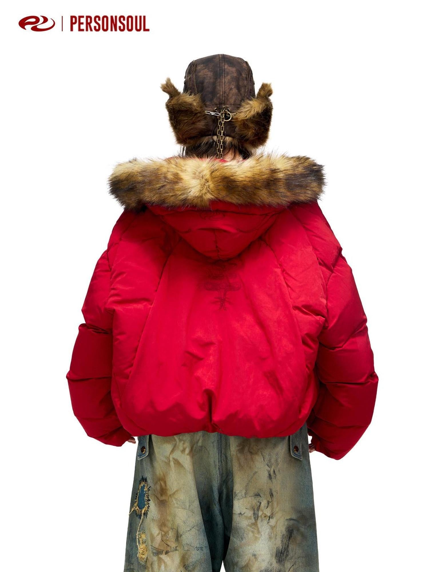 PERSONSOUL Red Totem Embroidery Fur Collar Hooded Women's White Duck Down Down Jackets