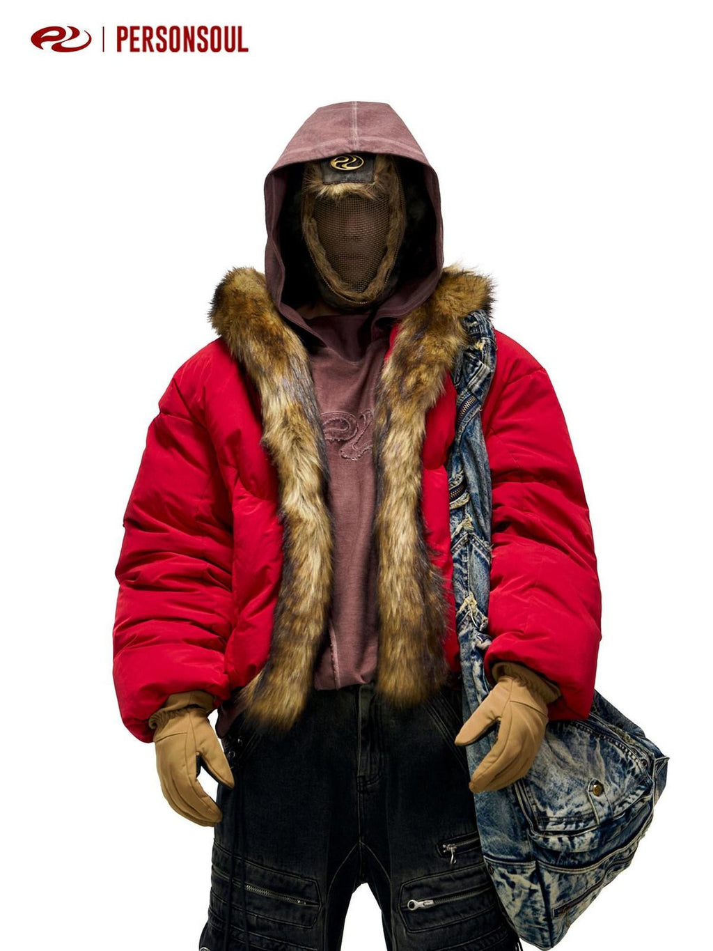 PERSONSOUL Red Totem Embroidery Fur Collar Hooded Women's White Duck Down Down Jackets