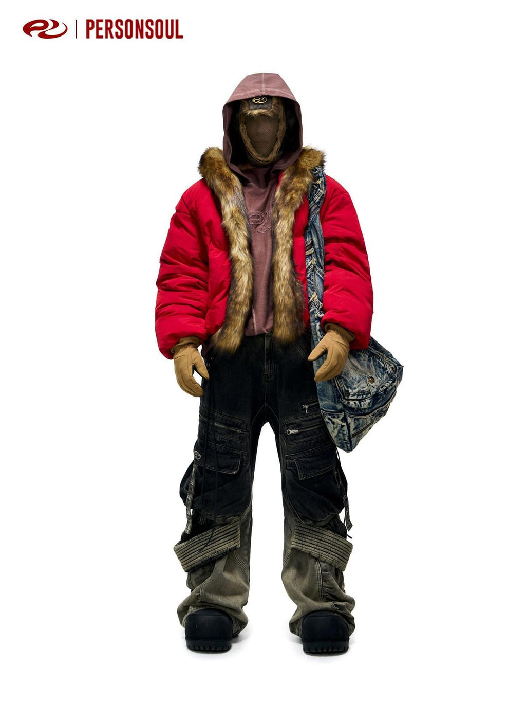 PERSONSOUL Red Totem Embroidery Fur Collar Hooded Women's White Duck Down Down Jackets