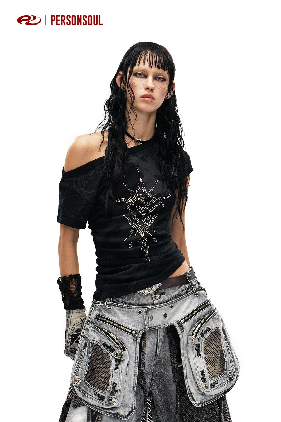 PERSONSOUL_Rhinestone_Totem_One_Shoulder_Slim_Women's_Cotton_Short_Sleeve_T-shirts_1019004104055_MISSTT