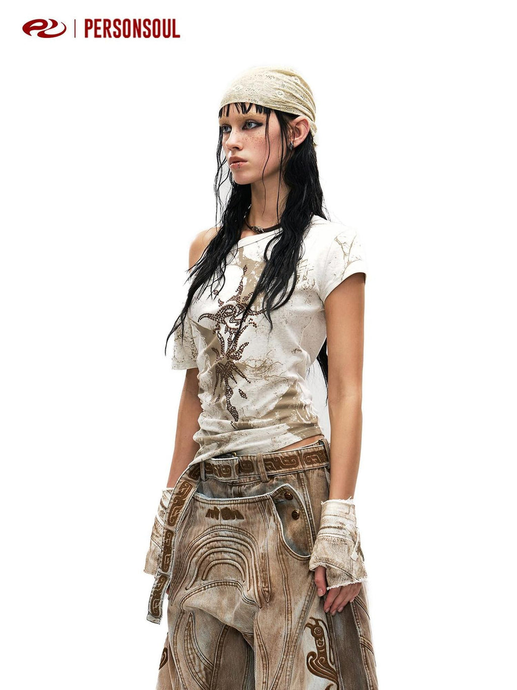 PERSONSOUL Rhinestone Totem One Shoulder Slim Women's Cotton Short Sleeve T-shirts