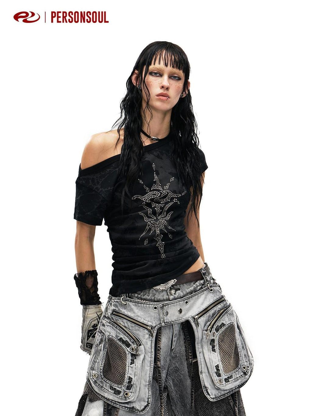 PERSONSOUL Rhinestone Totem One Shoulder Slim Women's Cotton Short Sleeve T-shirts