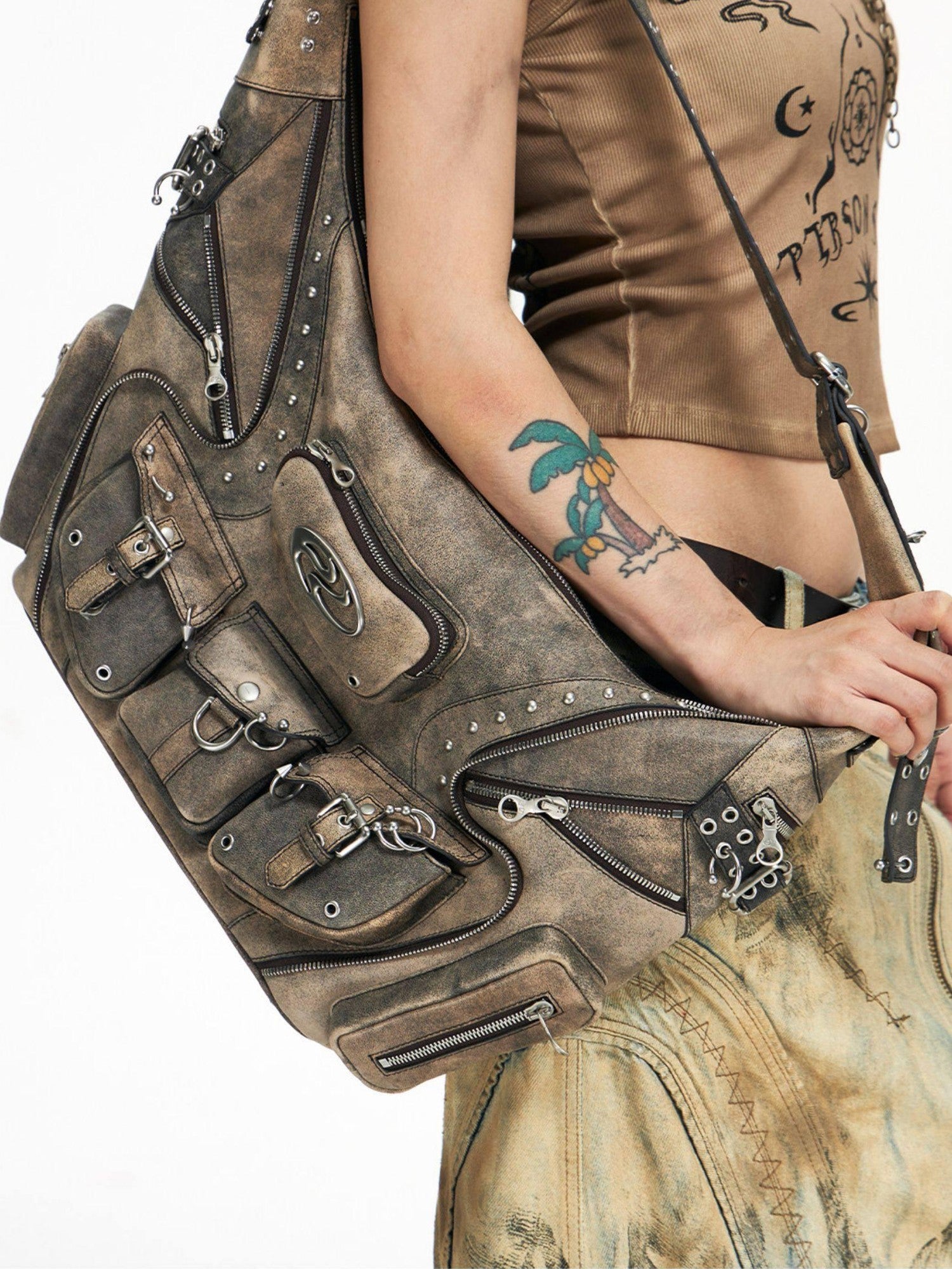 PERSONSOUL Skull Print Punk Slouch Hobo Dumpling Shape Women's Sheepskin Handbags