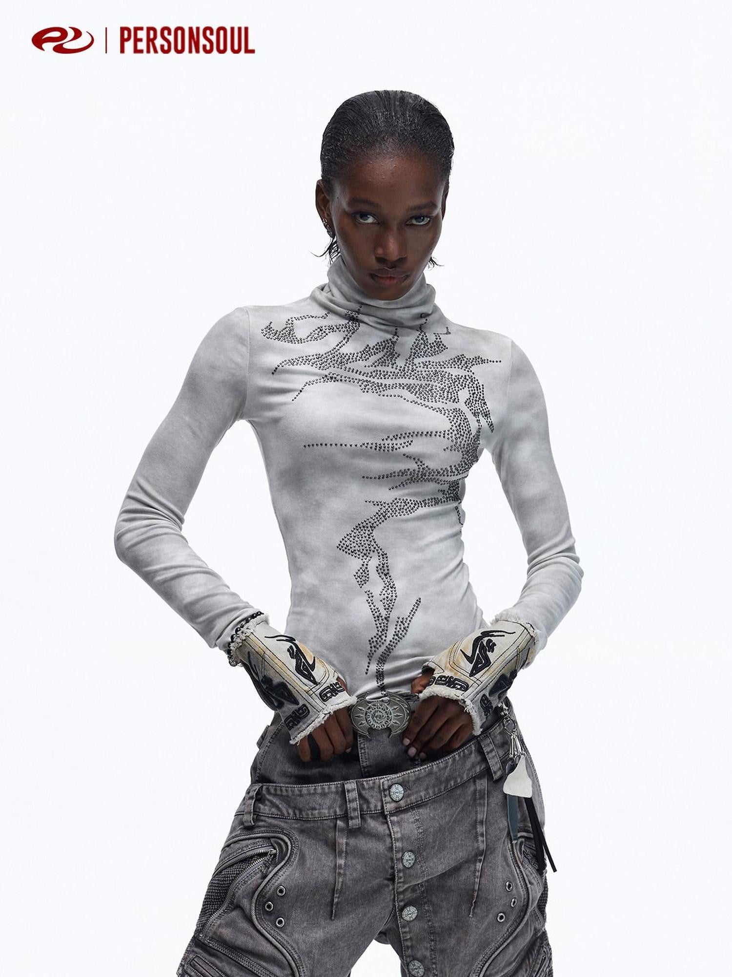 PERSONSOUL Slim High Neck Rhinestone Cross Print Women's Viscose Long Sleeve T-shirts
