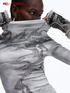 PERSONSOUL Slim High Neck Rhinestone Cross Print Women's Viscose Long Sleeve T-shirts