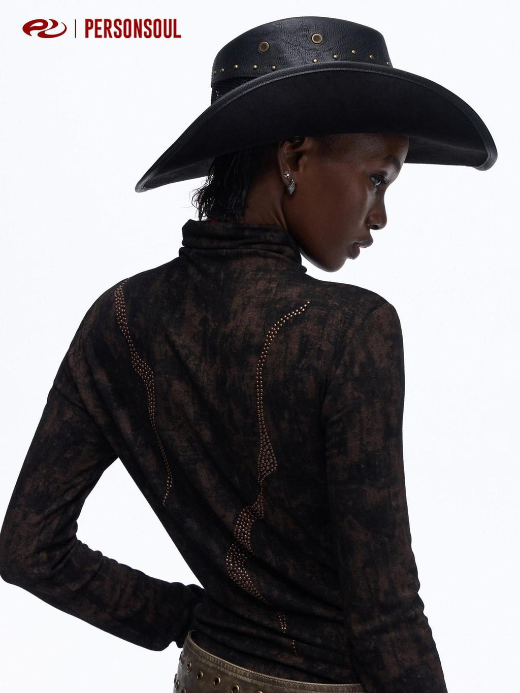 PERSONSOUL Slim High Neck Rhinestone Cross Print Women's Viscose Long Sleeve T-shirts