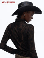PERSONSOUL Slim High Neck Rhinestone Cross Print Women's Viscose Long Sleeve T-shirts
