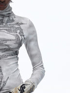 PERSONSOUL Slim High Neck Rhinestone Cross Print Women's Viscose Long Sleeve T-shirts