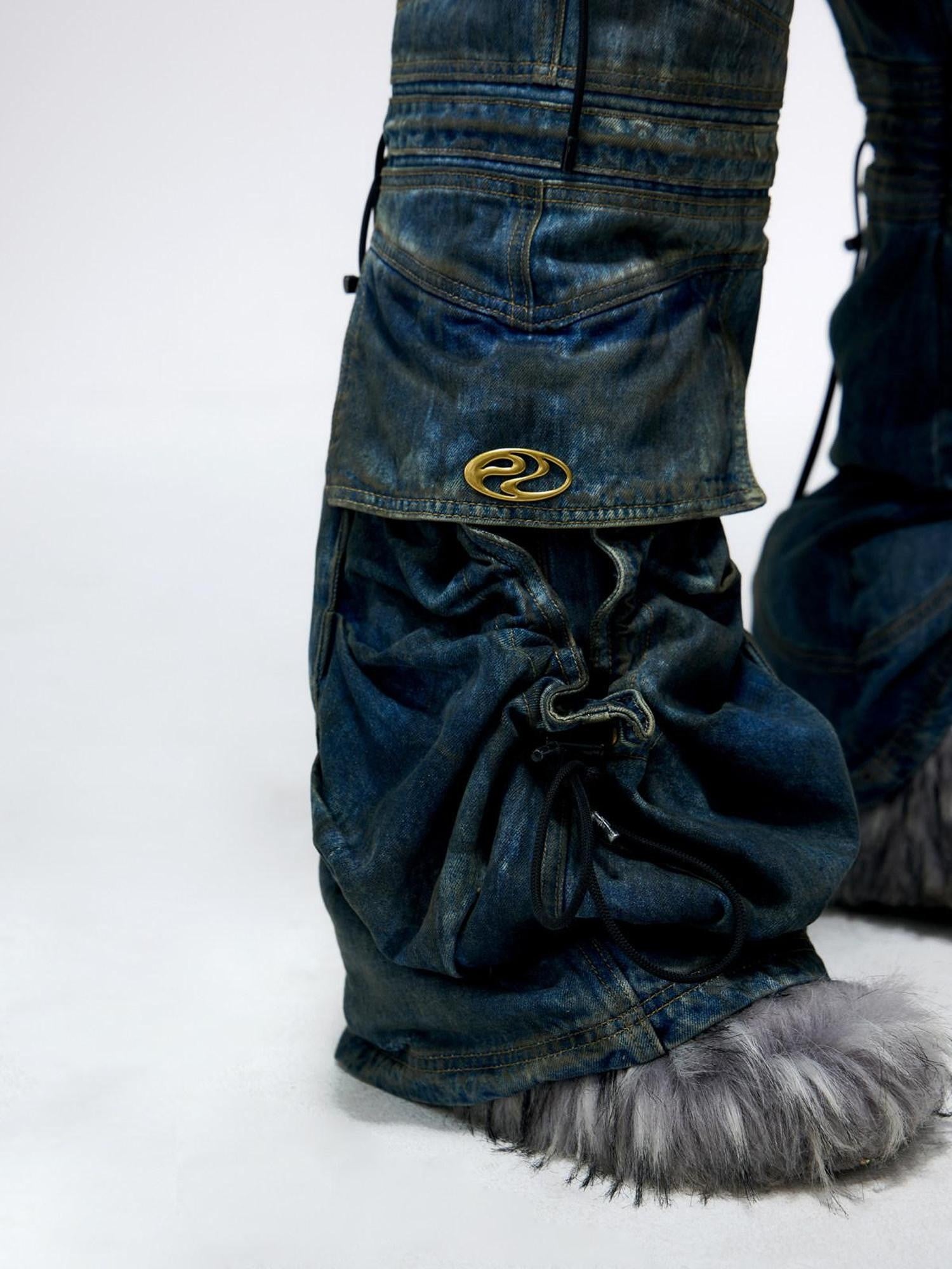 PERSONSOUL Stain Wash Drawstring Ribbon Multi Pocket Women's Denim Flare Jeans