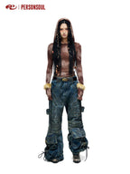 PERSONSOUL Stain Wash Drawstring Ribbon Multi Pocket Women's Denim Flare Jeans