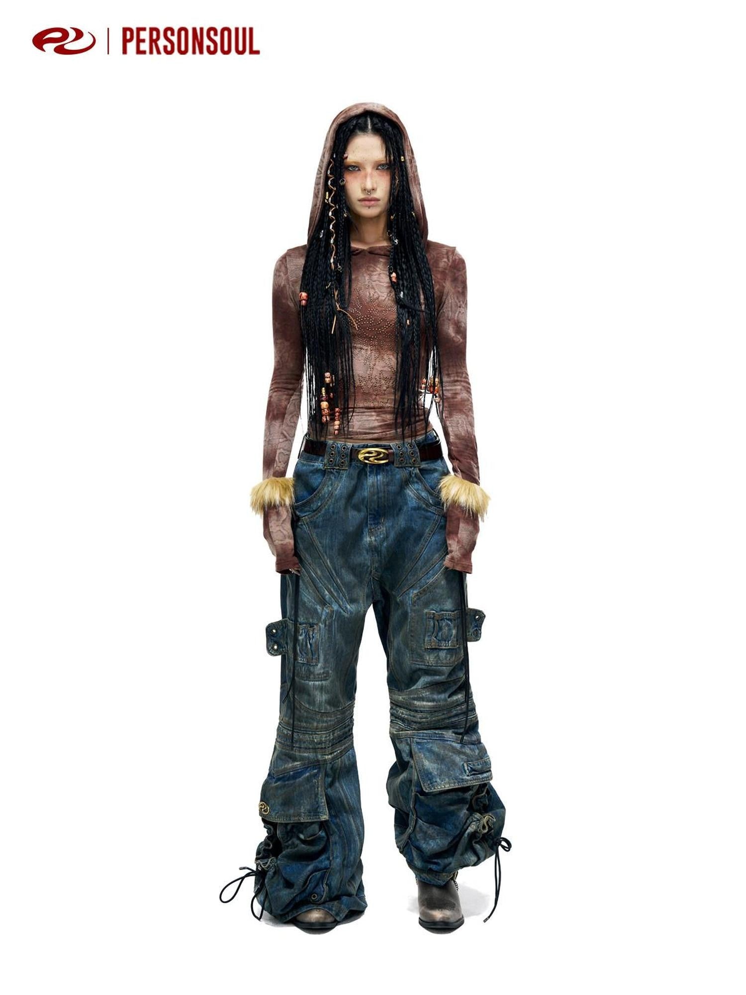 PERSONSOUL Stain Wash Drawstring Ribbon Multi Pocket Women's Denim Flare Jeans