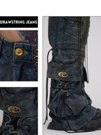 PERSONSOUL Stain Wash Drawstring Ribbon Multi Pocket Women's Denim Flare Jeans