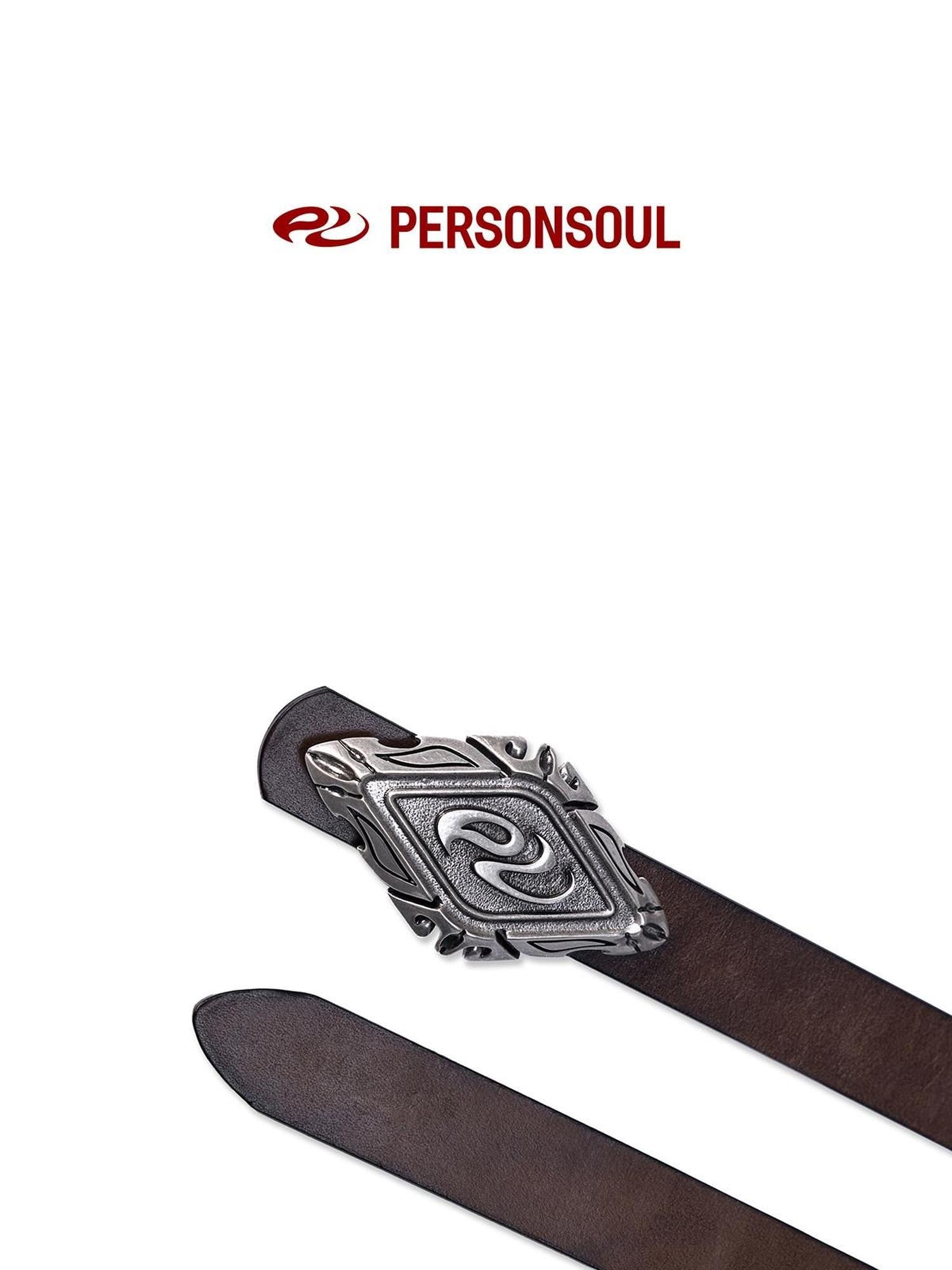 PERSONSOUL Stamped Ethnic Women's Top Grain Cowhide Leather Metal Buckle Brown Belts