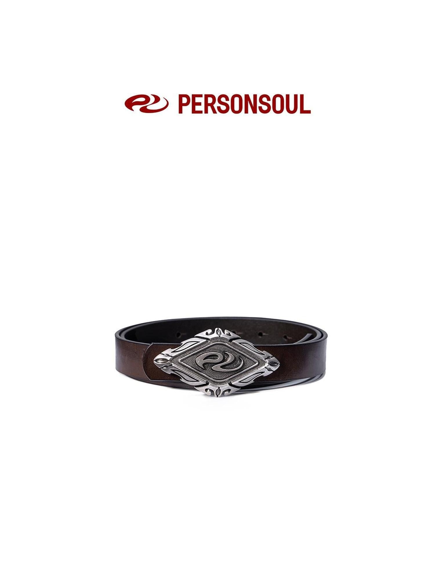 PERSONSOUL Stamped Ethnic Women's Top Grain Cowhide Leather Metal Buckle Brown Belts