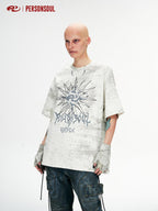 PERSONSOUL Sun Totem Embroidered Stained Look Loose Women's Cotton Short Sleeve T-shirts