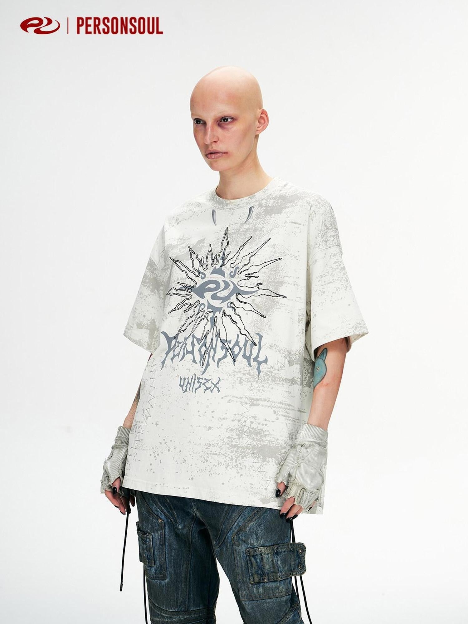 PERSONSOUL Sun Totem Embroidered Stained Look Loose Women's Cotton Short Sleeve T-shirts