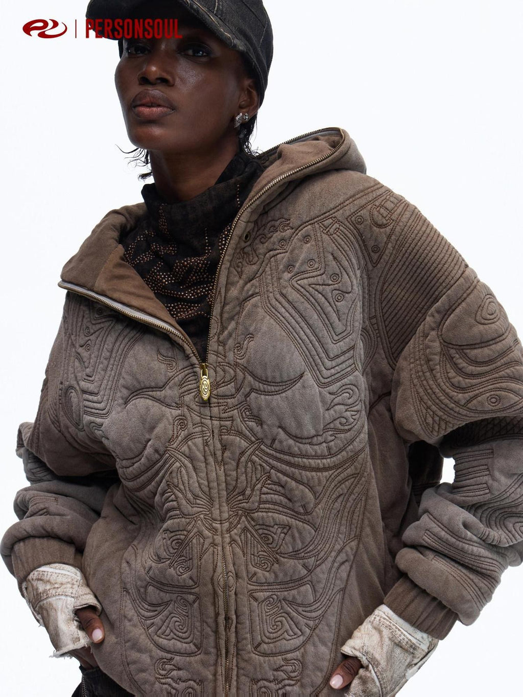 PERSONSOUL Sun Totem Full Embroidery Dyed Distressed Women's Cotton Blend Hoodies