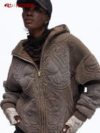 PERSONSOUL Sun Totem Full Embroidery Dyed Distressed Women's Cotton Blend Hoodies