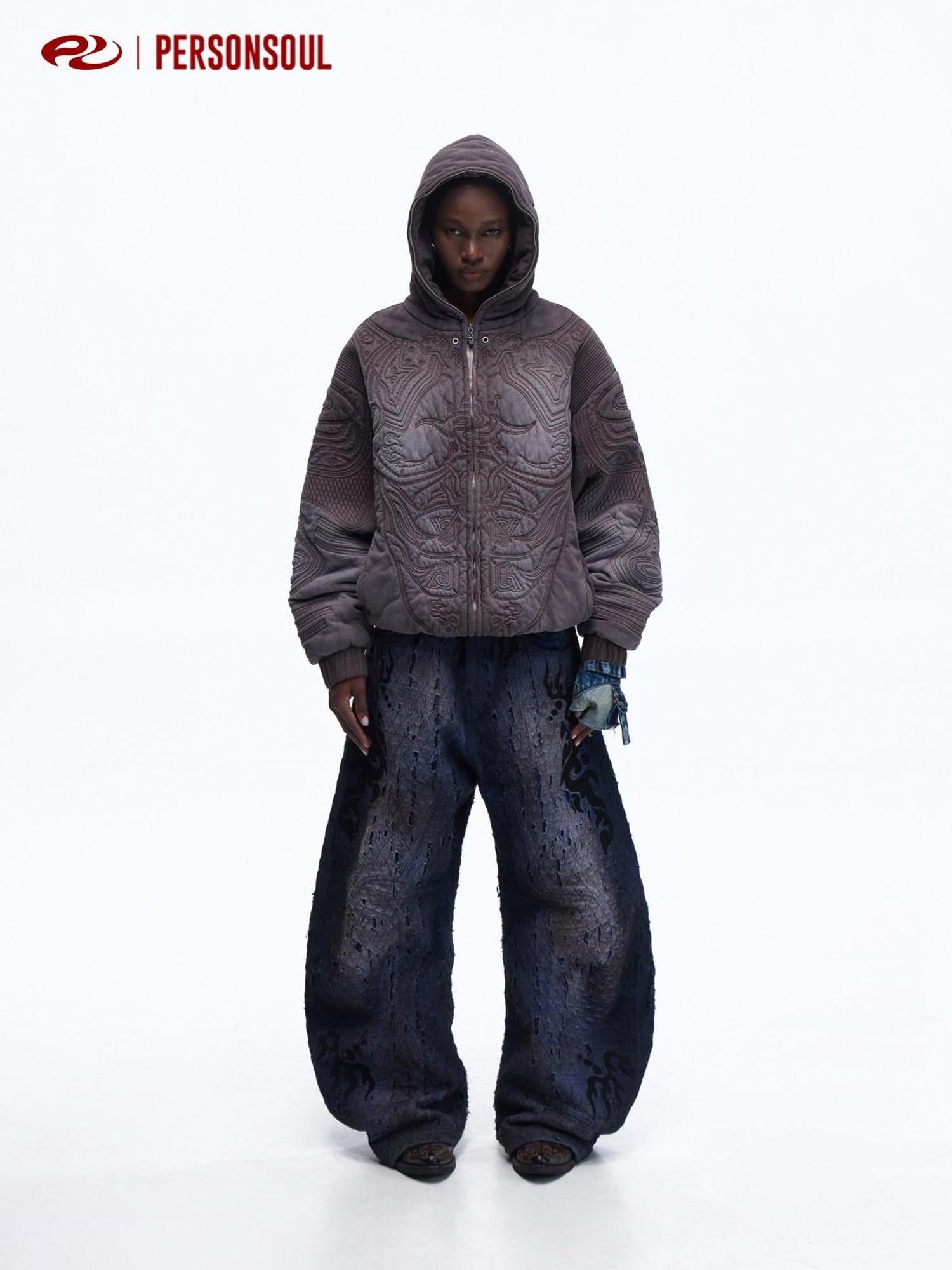 PERSONSOUL Sun Totem Full Embroidery Dyed Distressed Women's Cotton Blend Hoodies