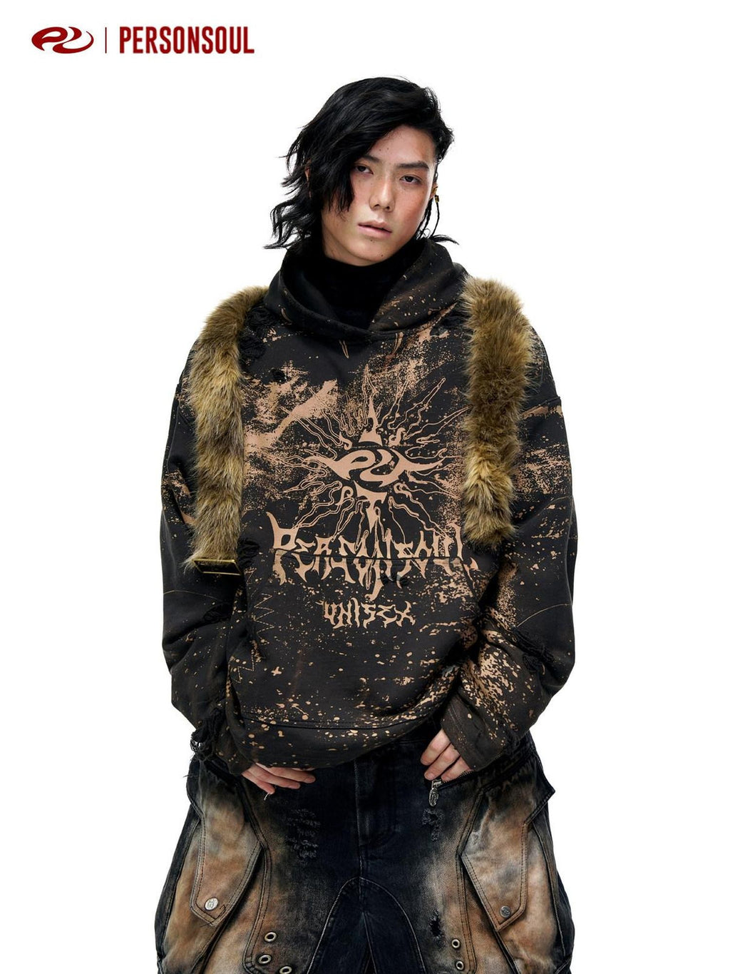 PERSONSOUL Sun Totem Paint Splatter Hand Distressed Ripped Women's Organic Cotton Hoodies