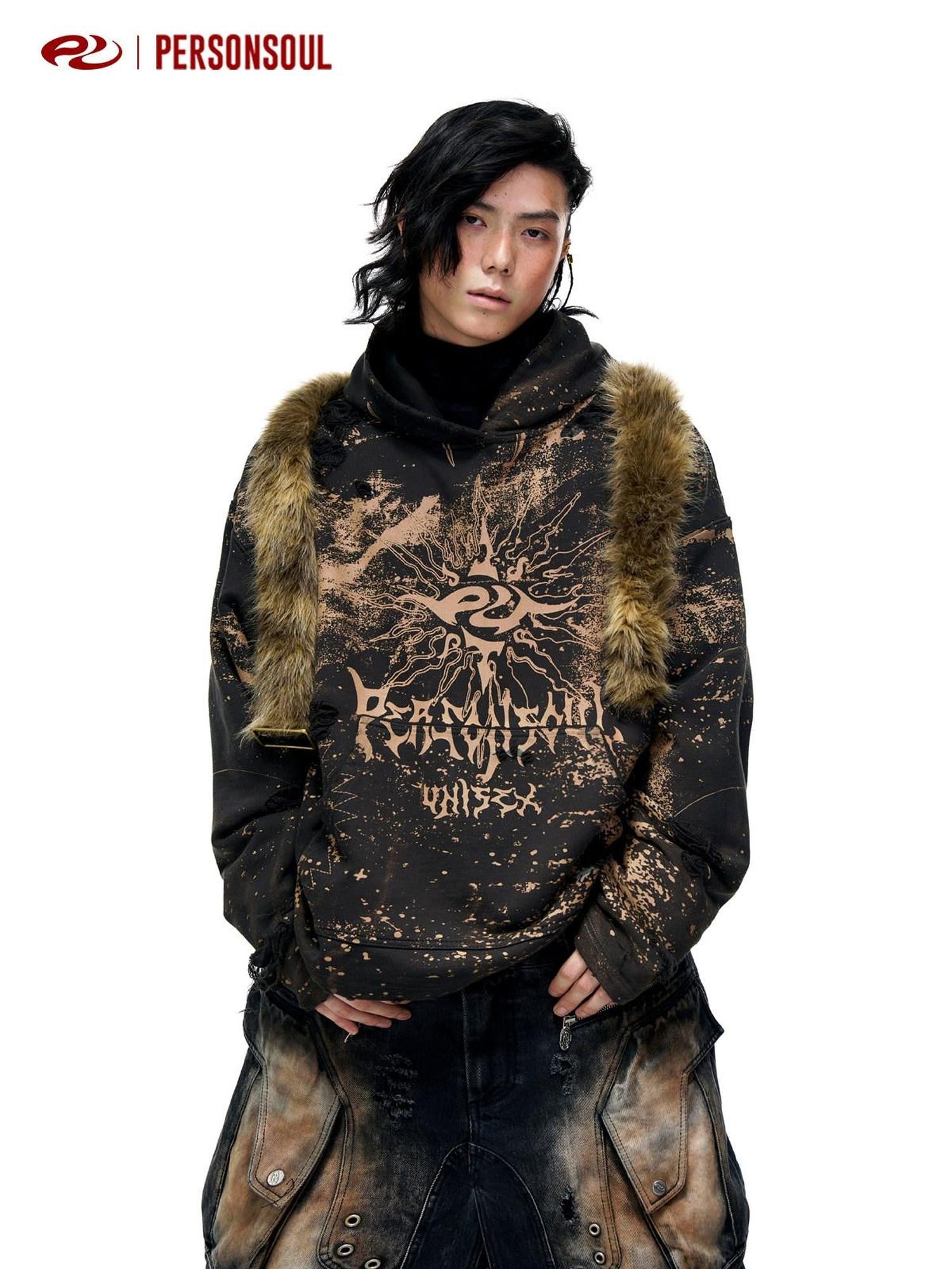 PERSONSOUL Sun Totem Paint Splatter Hand Distressed Ripped Women's Organic Cotton Hoodies