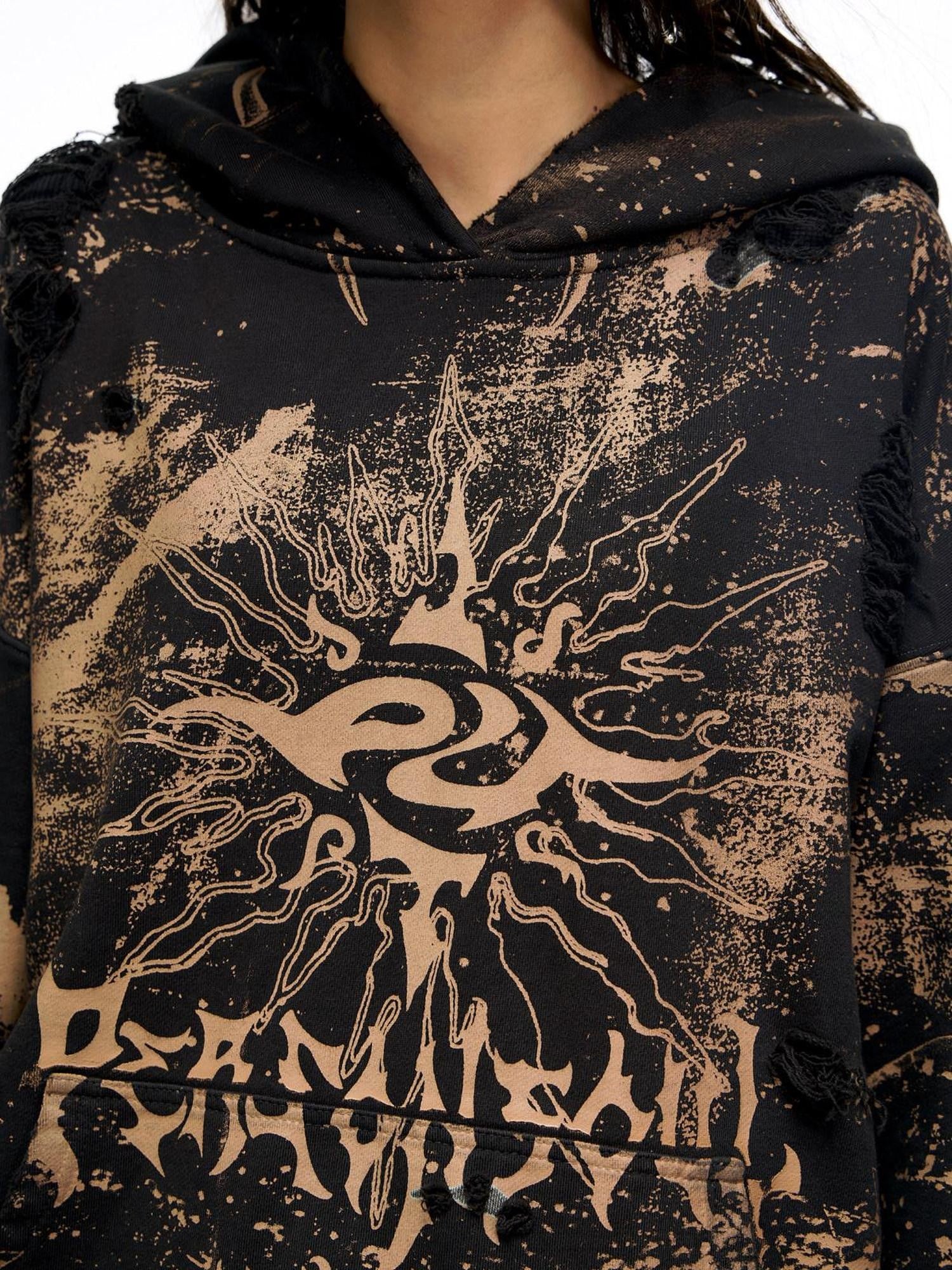 PERSONSOUL Sun Totem Paint Splatter Hand Distressed Ripped Women's Organic Cotton Hoodies