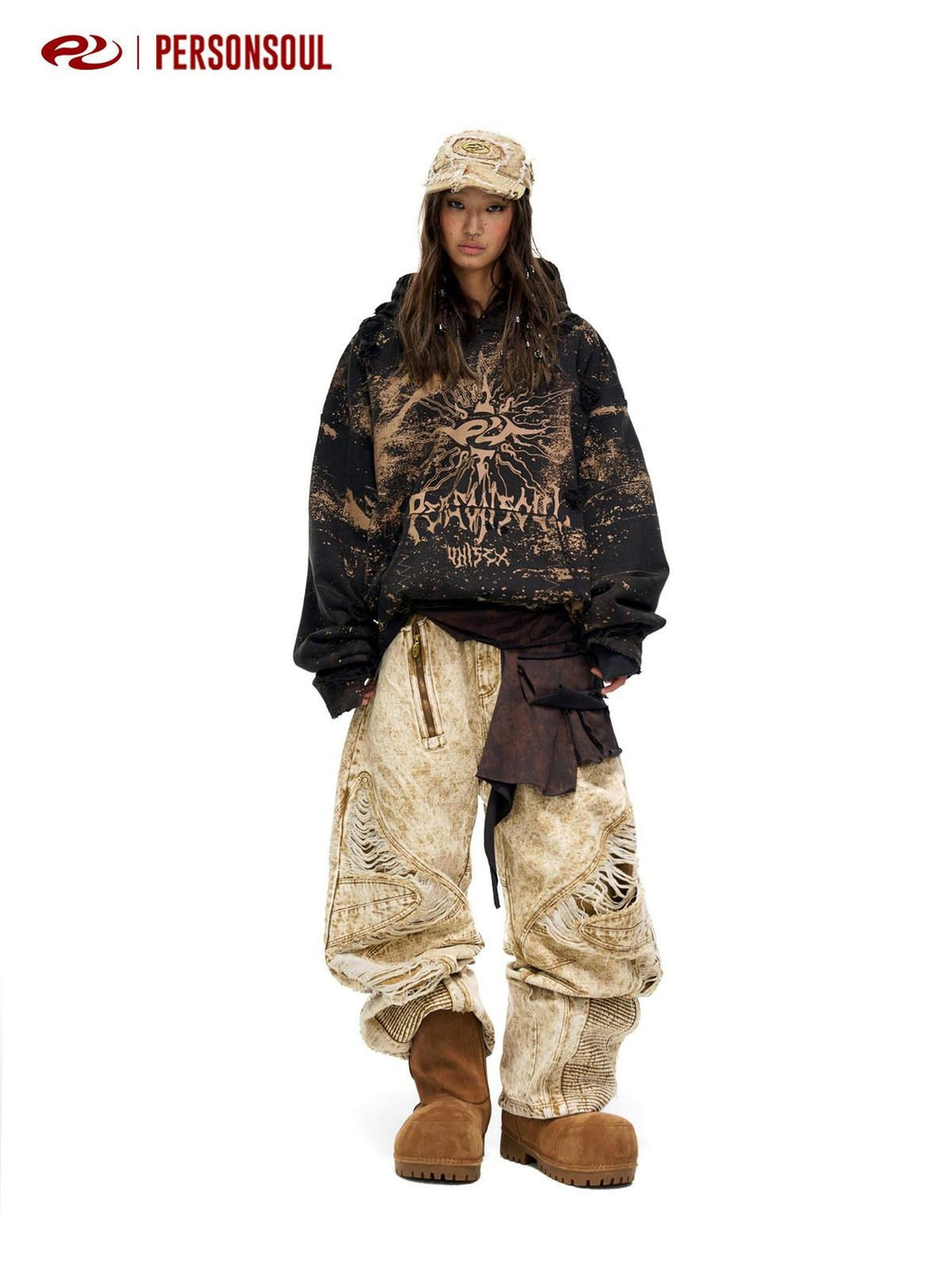 PERSONSOUL Sun Totem Paint Splatter Hand Distressed Ripped Women's Organic Cotton Hoodies