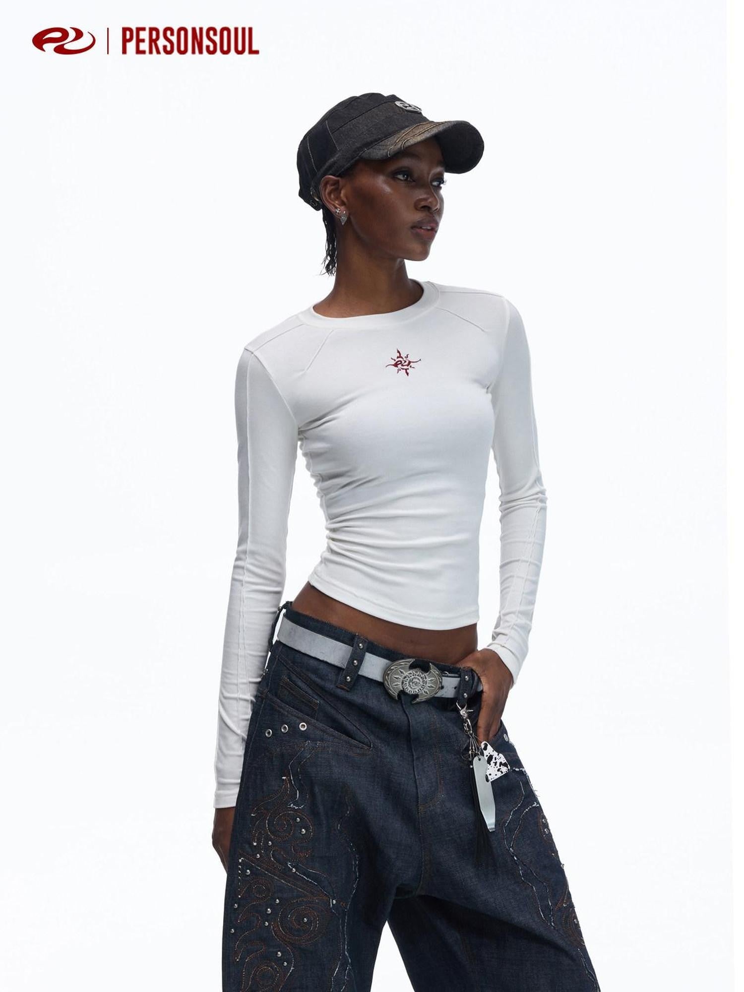 PERSONSOUL Symbol Motif Crew Neck Slim Fit Women's Lyocell Wool Blend Long Sleeve T-shirts
