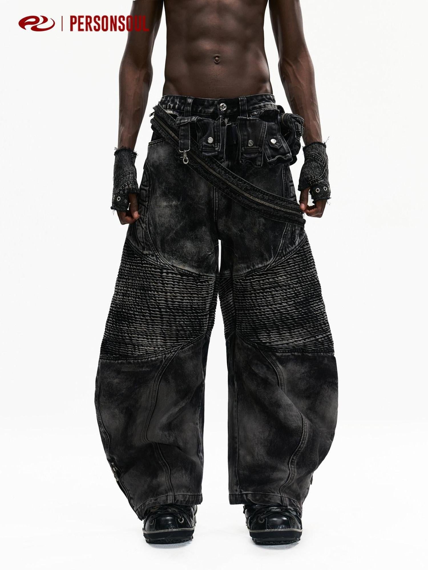 PERSONSOUL Thermochromic Black Tactical Waist Pouch Coated Women's Denim Wide-leg Jeans