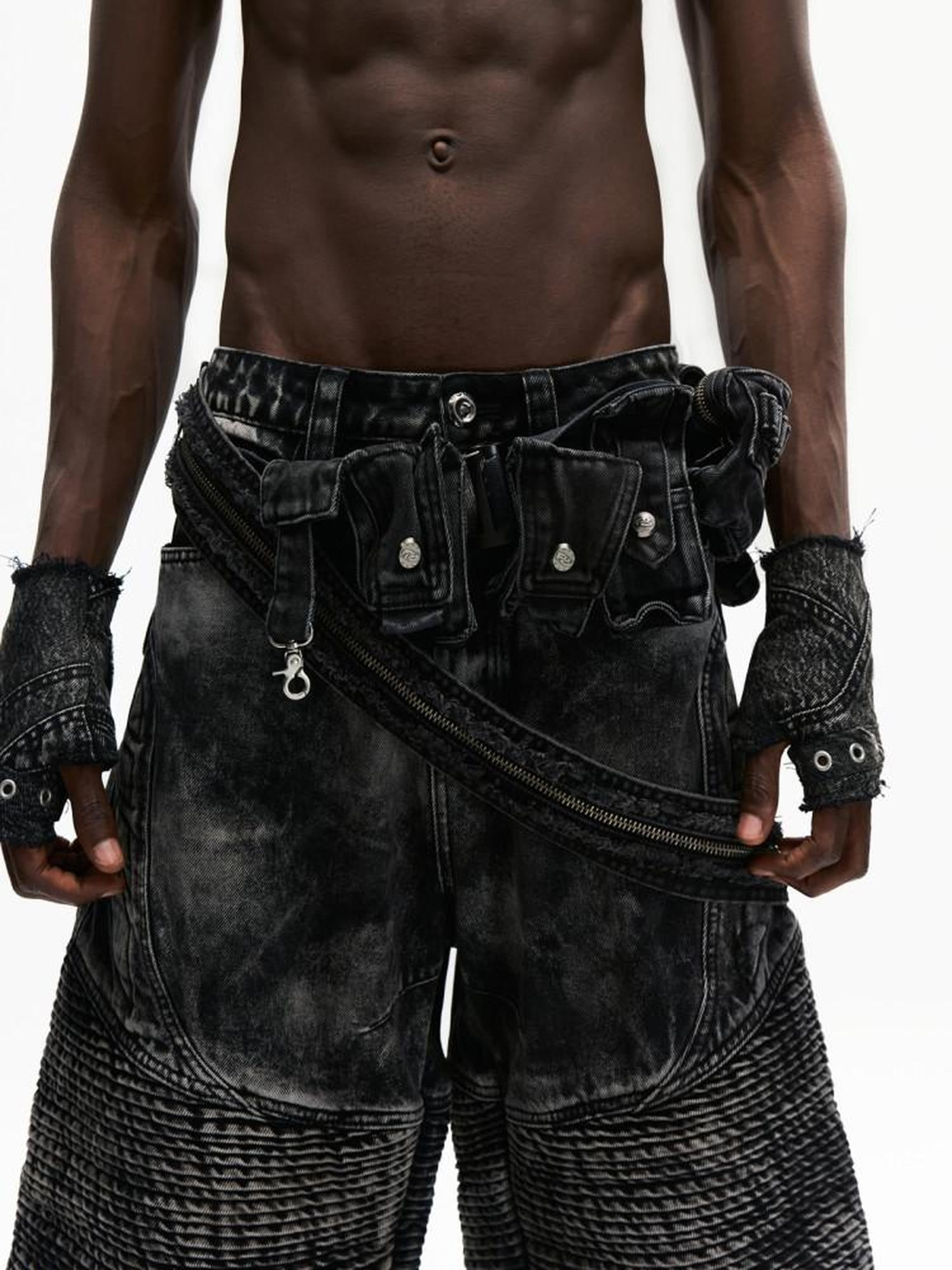 PERSONSOUL Thermochromic Black Tactical Waist Pouch Coated Women's Denim Wide-leg Jeans