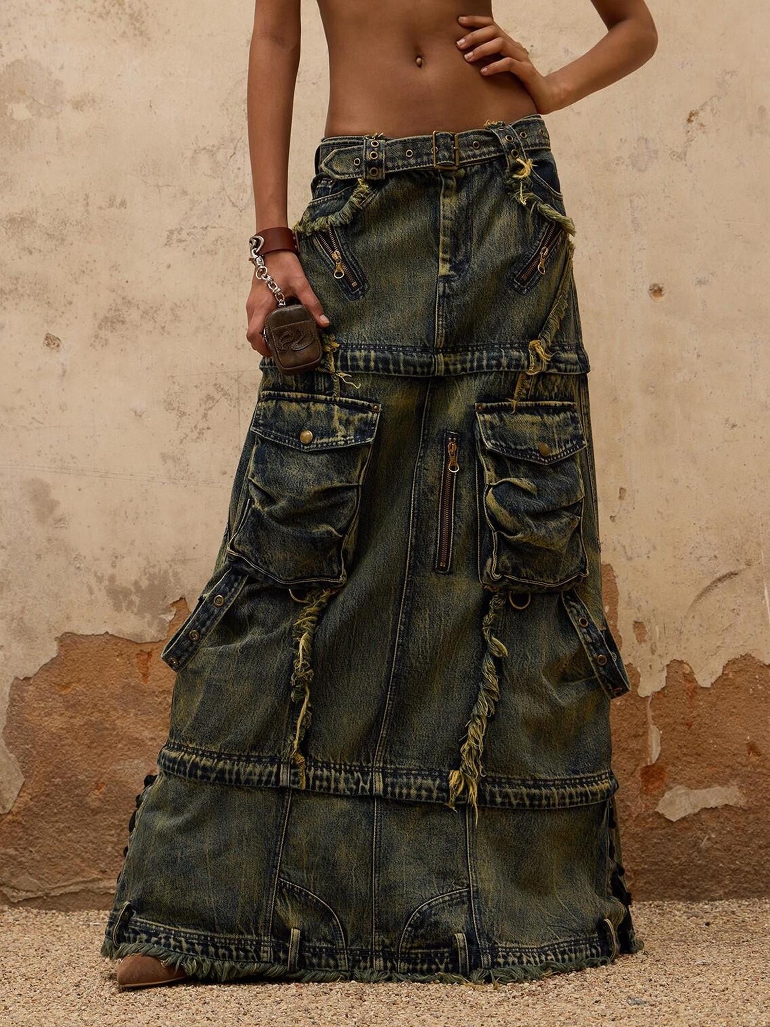 PERSONSOUL Three Tier Detachable Reconstructed Women's Denim Tie Pocket A Line Mini Skirts
