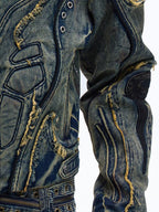 PERSONSOUL Tiger Embroidered Distressed Stand Collar Racing Women's Cotton Denim Jackets