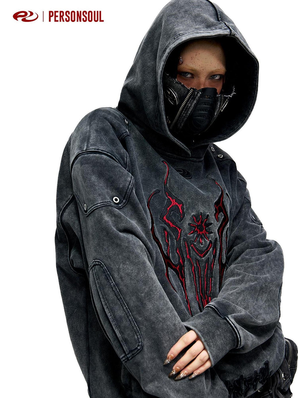 PERSONSOUL Totem 3d Embroidery Distressed Kangaroo Pocket Women's Natural Cotton Hoodies