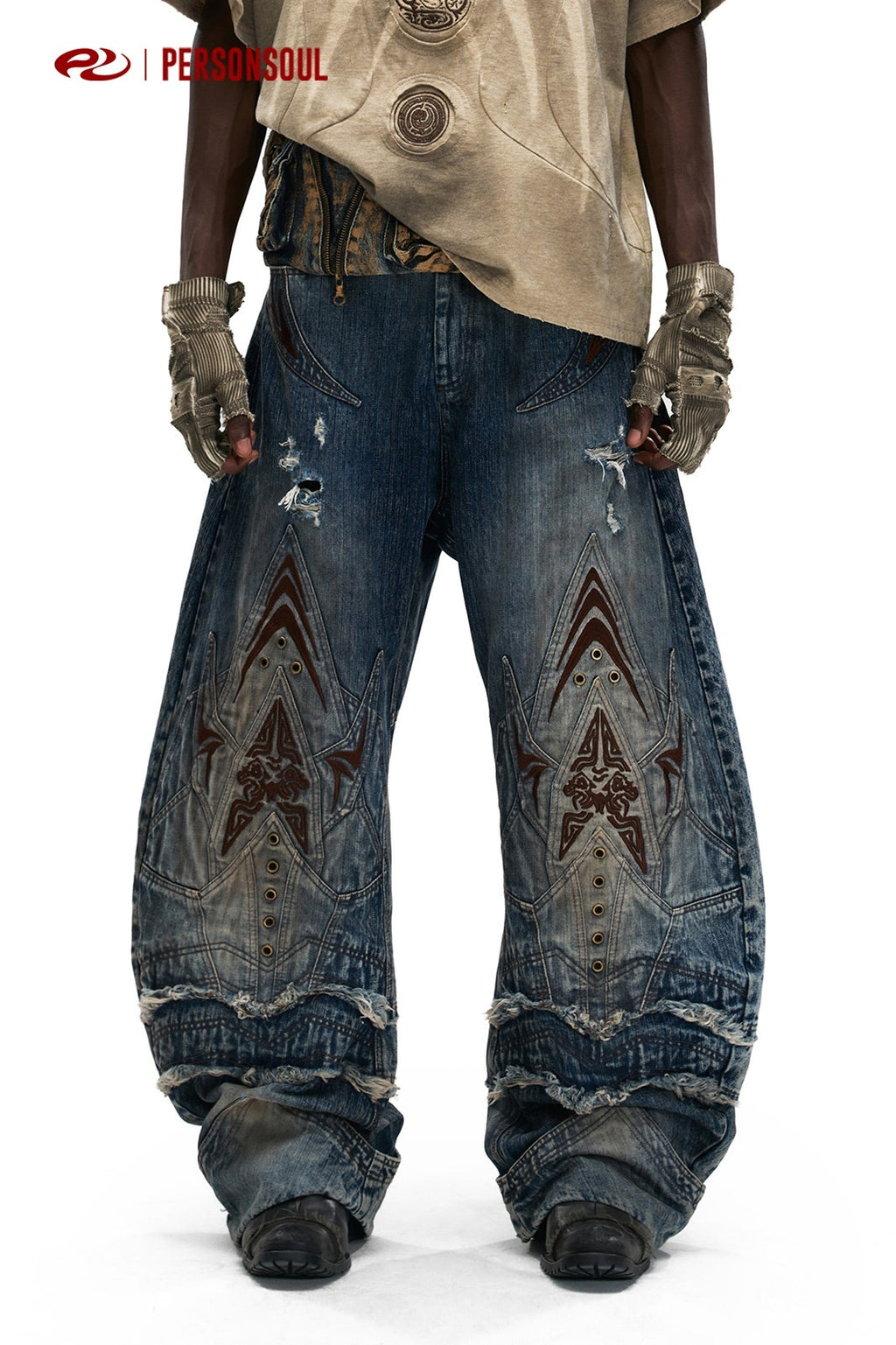 PERSONSOUL_Totem_Embroidered_Scale_Armor_Distressed_Women's_Cotton_Denim_Wide-leg_Jeans_1018919088427_MISSTT