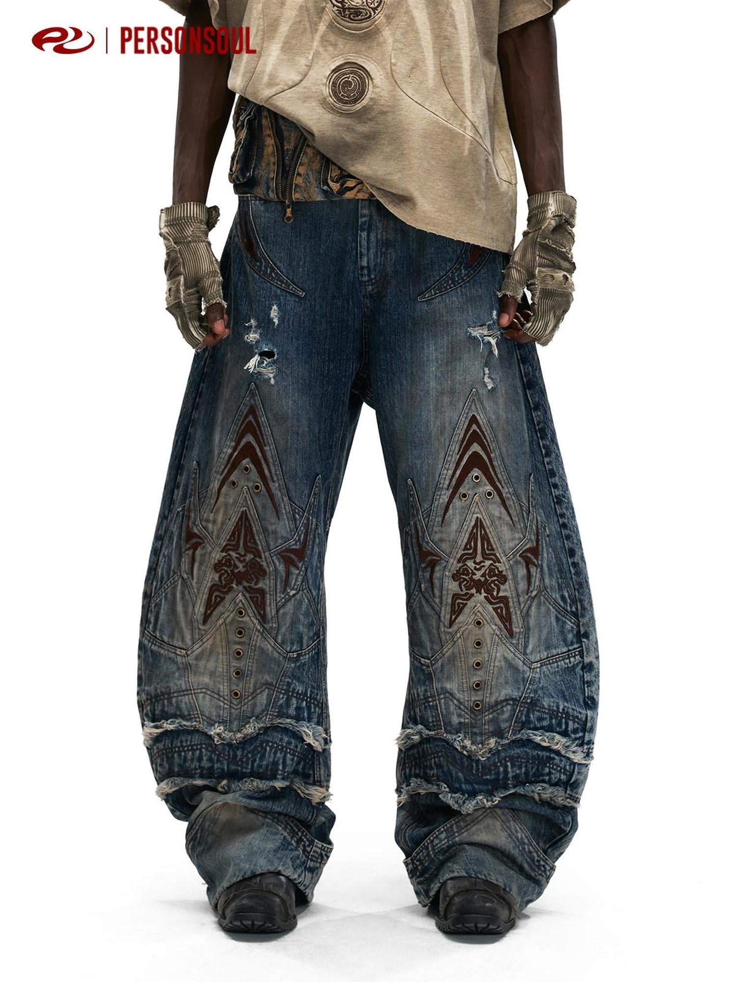 PERSONSOUL Totem Embroidered Scale Armor Distressed Women's Cotton Denim Wide-leg Jeans