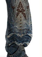 PERSONSOUL Totem Embroidered Scale Armor Distressed Women's Cotton Denim Wide-leg Jeans