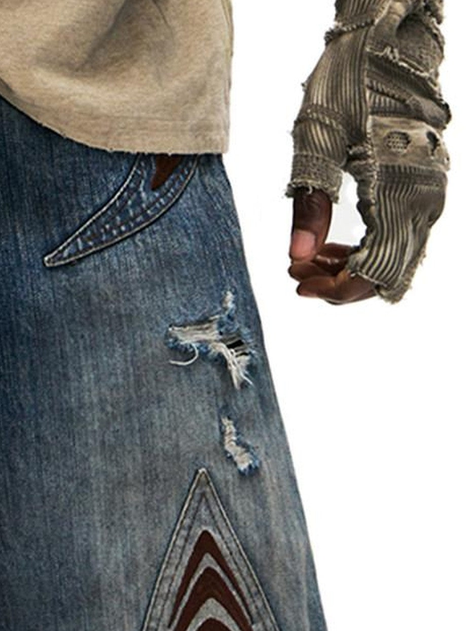 PERSONSOUL Totem Embroidered Scale Armor Distressed Women's Cotton Denim Wide-leg Jeans