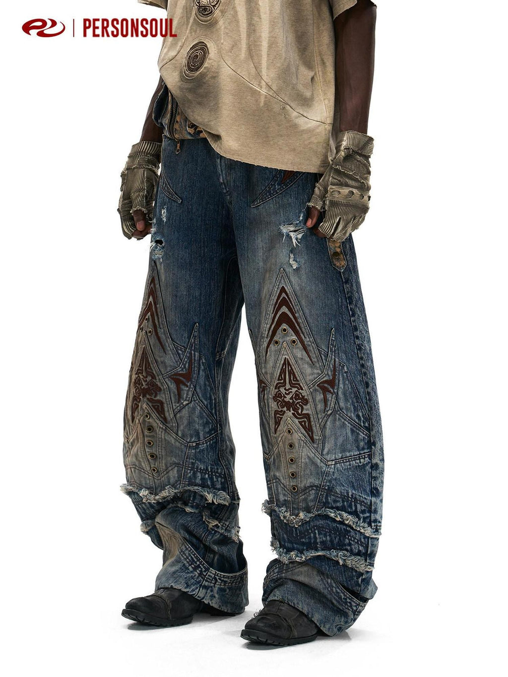 PERSONSOUL Totem Embroidered Scale Armor Distressed Women's Cotton Denim Wide-leg Jeans