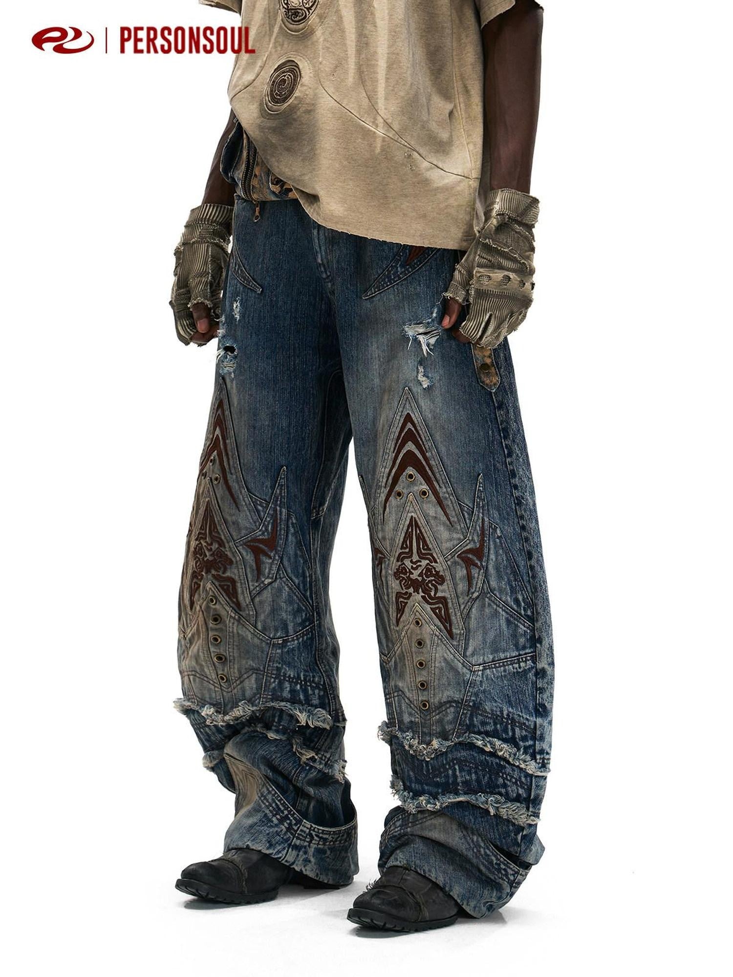 PERSONSOUL Totem Embroidered Scale Armor Distressed Women's Cotton Denim Wide-leg Jeans