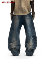 PERSONSOUL Totem Embroidered Scale Armor Distressed Women's Cotton Denim Wide-leg Jeans