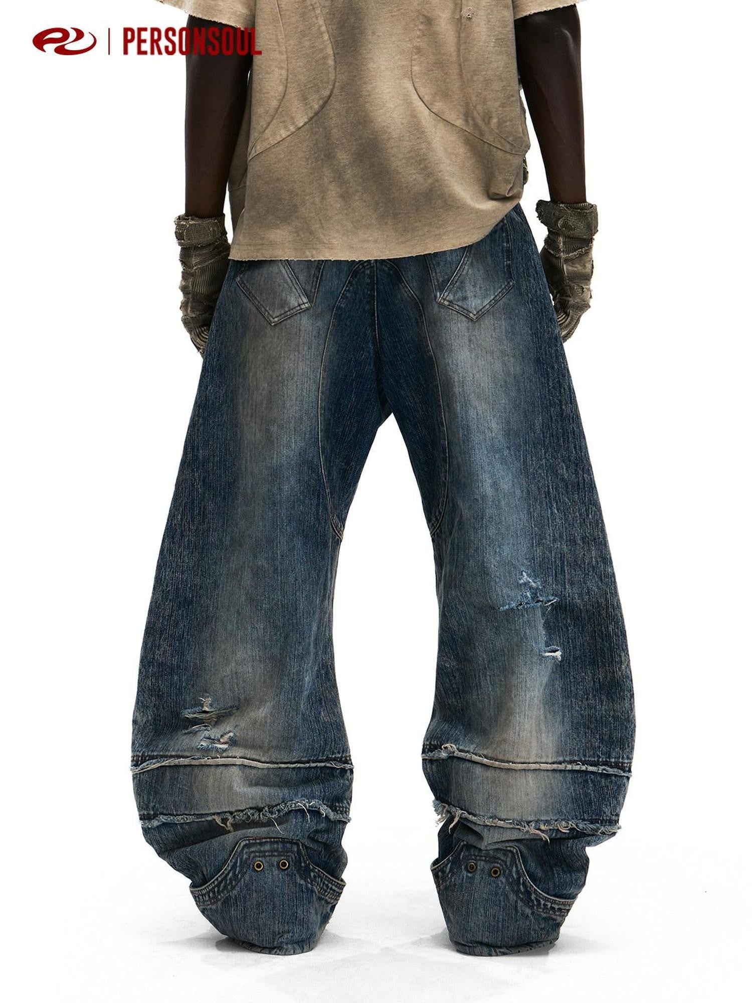 PERSONSOUL Totem Embroidered Scale Armor Distressed Women's Cotton Denim Wide-leg Jeans