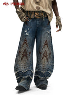 PERSONSOUL Totem Embroidered Scale Armor Distressed Women's Cotton Denim Wide-leg Jeans