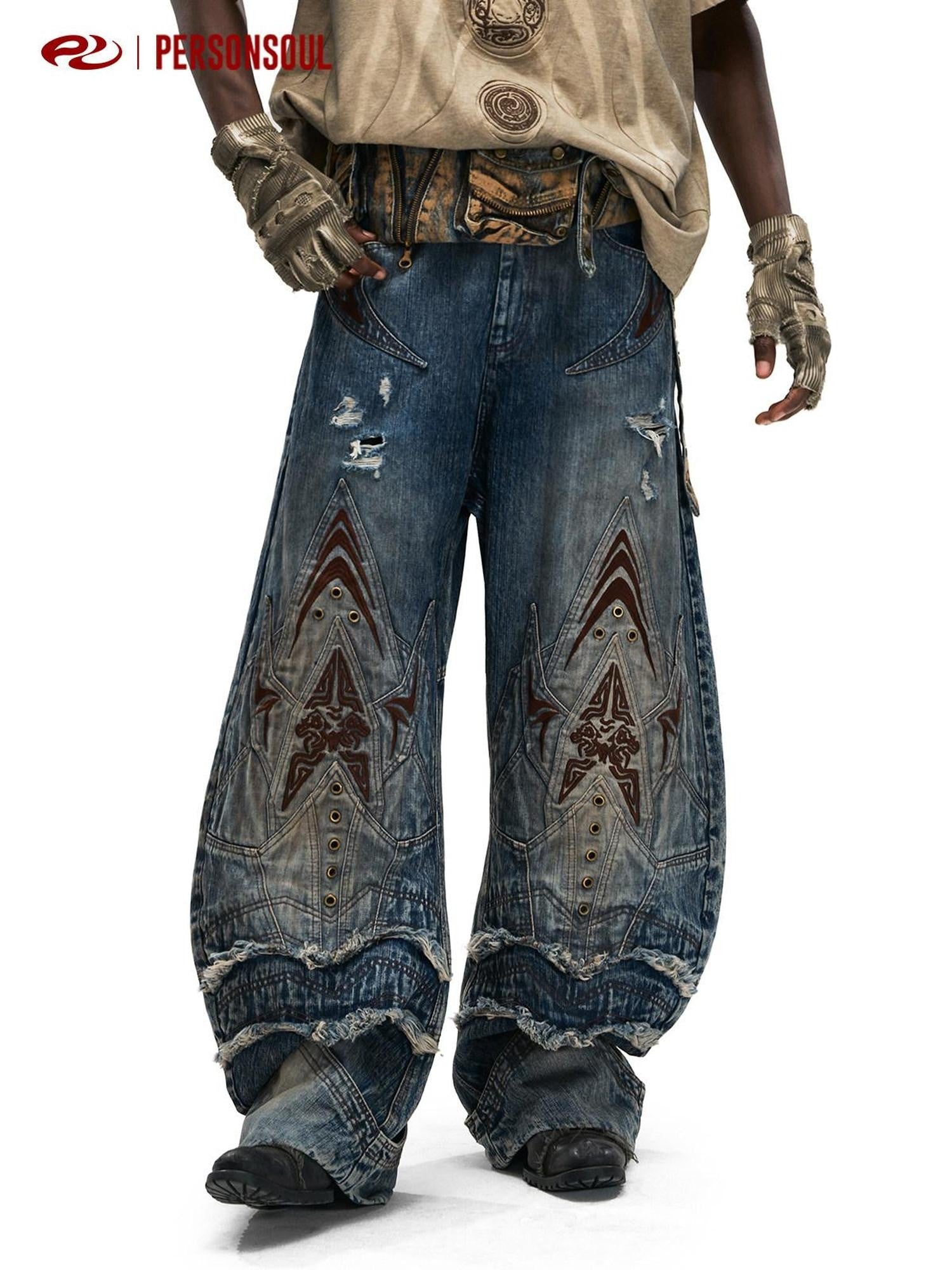 PERSONSOUL Totem Embroidered Scale Armor Distressed Women's Cotton Denim Wide-leg Jeans