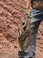 PERSONSOUL Totem Embroidered Scale Armor Distressed Women's Cotton Denim Wide-leg Jeans