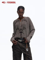 PERSONSOUL Totem Jacquard Hooded Henley Chain 3d Pockets Women's Cotton Sweaters