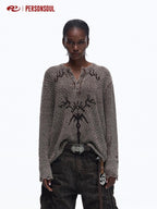 PERSONSOUL Totem Jacquard Hooded Henley Chain 3d Pockets Women's Cotton Sweaters