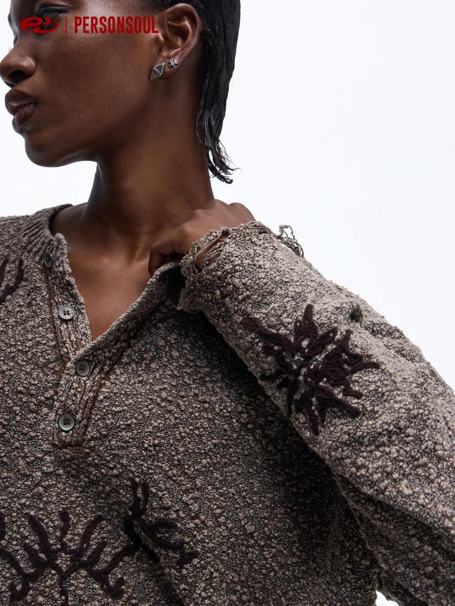 PERSONSOUL Totem Jacquard Hooded Henley Chain 3d Pockets Women's Cotton Sweaters