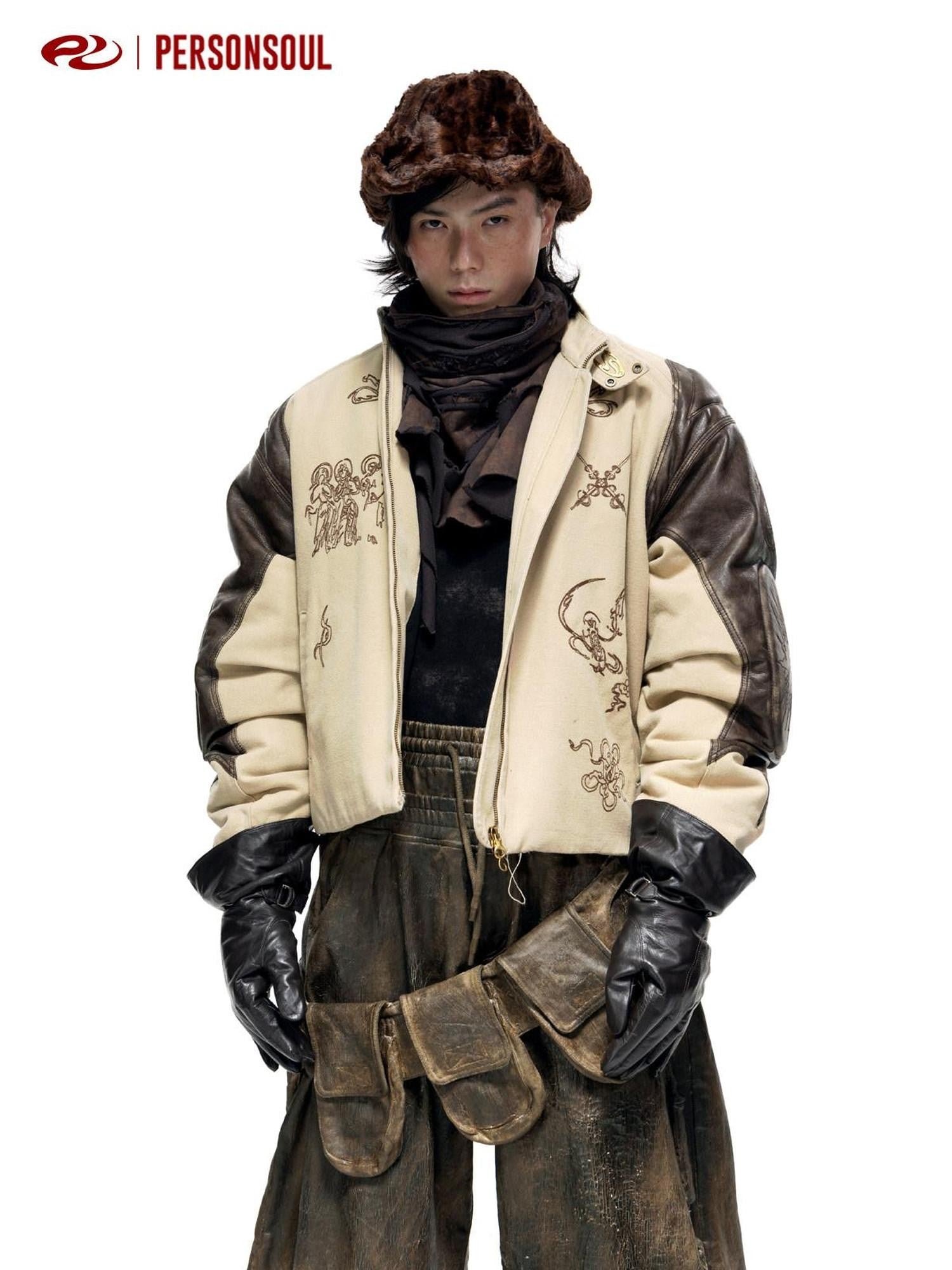 PERSONSOUL Totem Motif Patchwork Zipper Front Women's Cotton Padded Leather Jackets